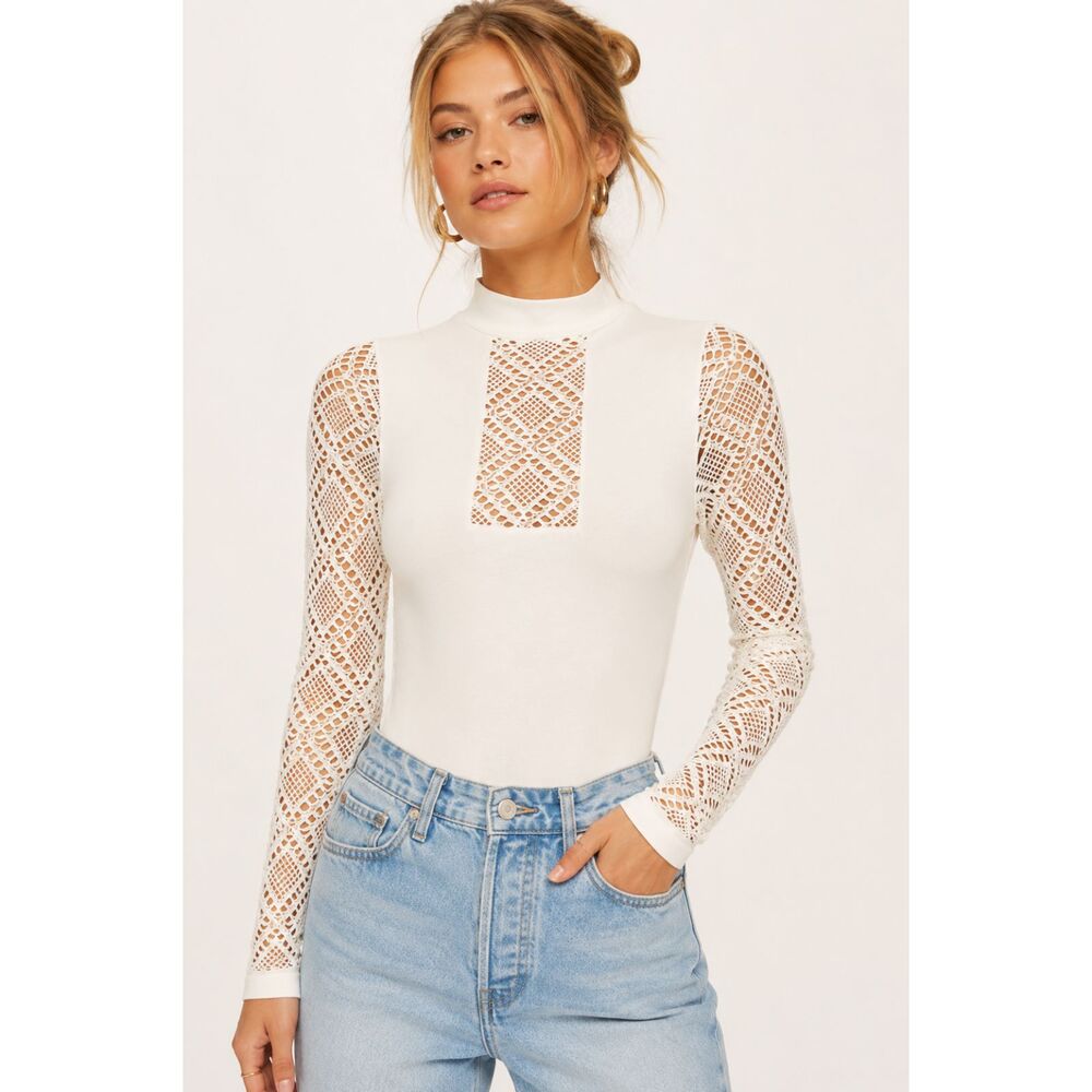Intimately Free People White Mock Neck Lace Sleeve Bodysuit Size S Romantic